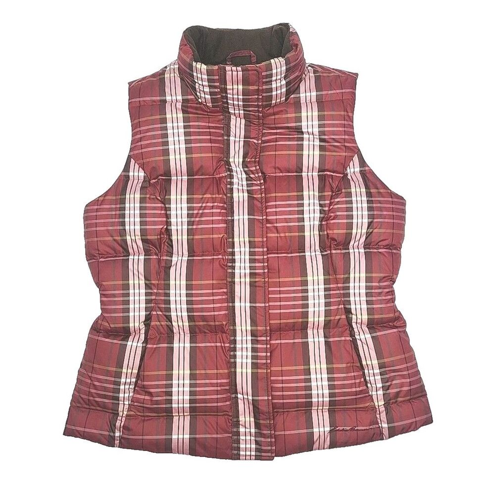 Eddie Bauer Puffer Vest Goose Down Dark Red Plaid Women Sz Large Zip Snap Pocket